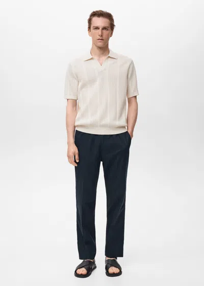 Mango Man Openwork Knitted Cotton Polo Shirt Ivory White