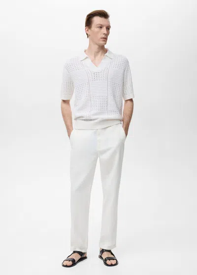 Mango Man Openwork Knitted Cotton Polo Shirt Off White