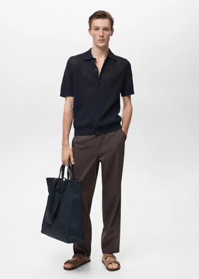 Mango Man Openwork Knitted Cotton Shirt Dark Navy