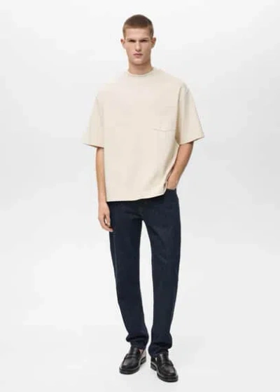 Mango Man Oversize Cotton Pocket T-shirt Ecru
