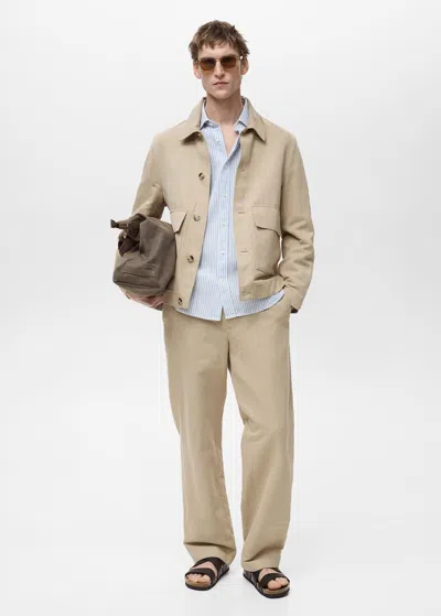 Mango Man Regular Fit Linen Trousers Beige