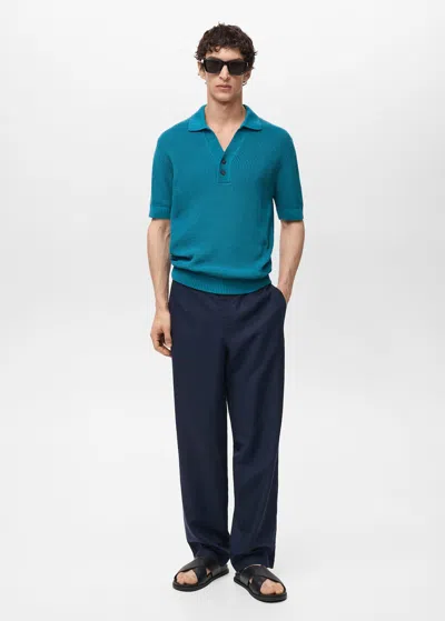 Mango Man Pearl-knit Polo Shirt Turquoise