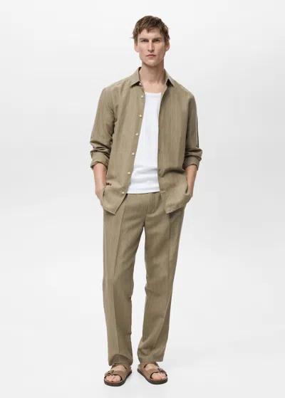 Mango Man Pinstripe Linen Trousers Khaki