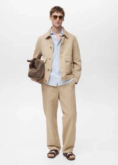 Mango Man Pocket Linen Cotton Jacket Beige