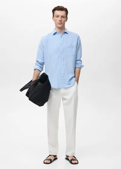 Mango Man Chemise Lin Poche Bleu Ciel - Homme - Xxl -  In Blue
