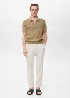 Mango Man Openwork Knitted Polo Shirt With Zip Beige