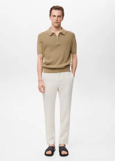 Mango Man Openwork Knitted Polo Shirt With Zip Beige