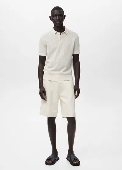 Mango Man Polo Maille Ajourée Coton Blanc Cassé - Homme - Xxl -