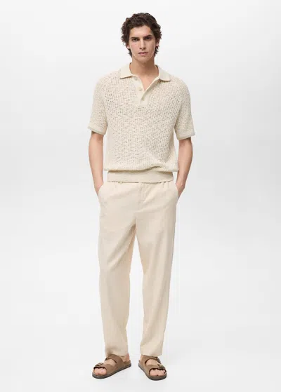 Mango Man Openwork Knit Cotton Polo Ivory White In Ivoire