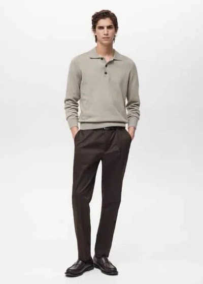 Mango Man Cotton Knitted Polo Shirt Ice Grey