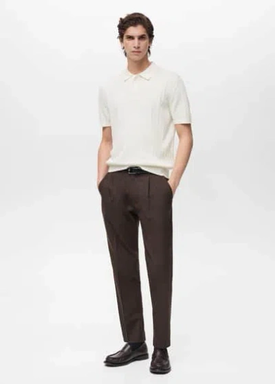 Mango Man 100% Cotton Braided Knitted Polo Shirt In Off White