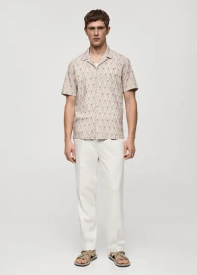 Mango Man Printed Flowing Shirt With Bowling Collar Beige