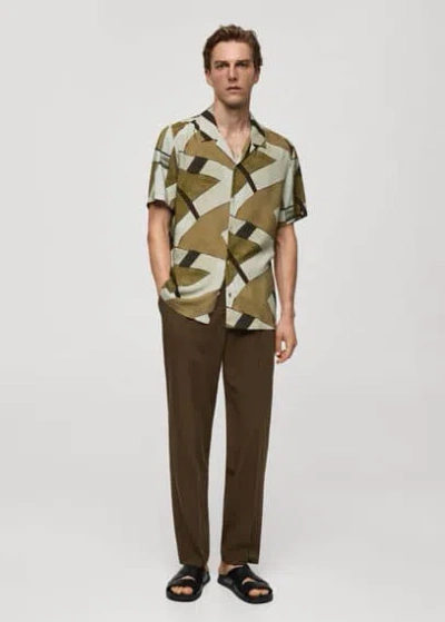 Mango Man Printed Flowing Shirt With Bowling Collar Dark Green