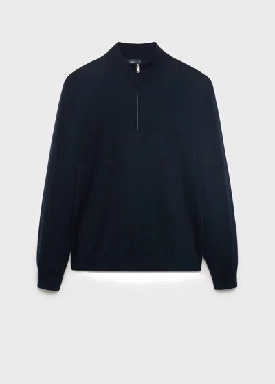 Mango Man 100% Wool Sweater With Perkins Neck Navy In Blue