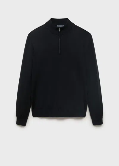 Mango Man 100% Wool Sweater With Perkins Neck Black