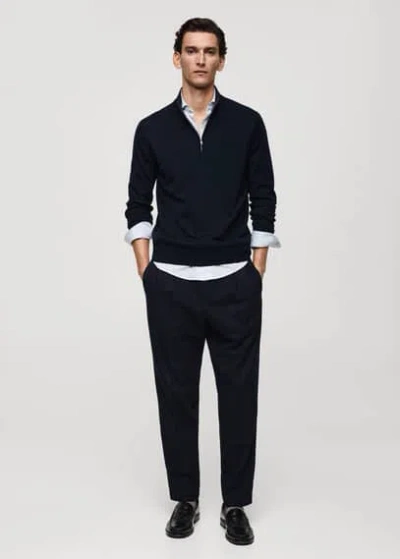 Mango Man 100% Merino Wool Perkins-neck Sweater With Zipper In Bleu Marine Foncé