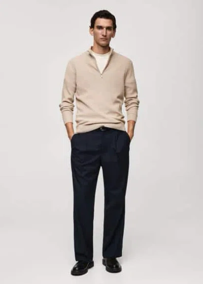 Mango Man Ribbed Sweater With Zipper Neck Beige