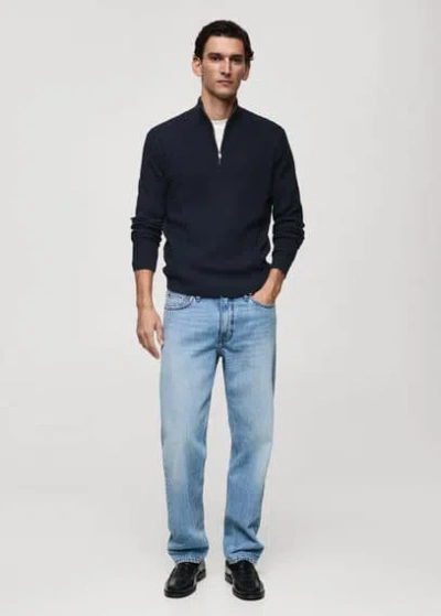Mango Man Ribbed Sweater With Zipper Neck Dark Navy In Bleu Marine Foncé