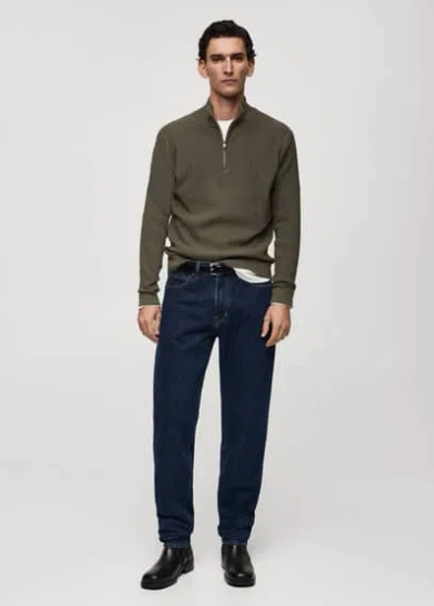 Mango Man Ribbed Sweater With Zipper Neck Khaki In Kaki
