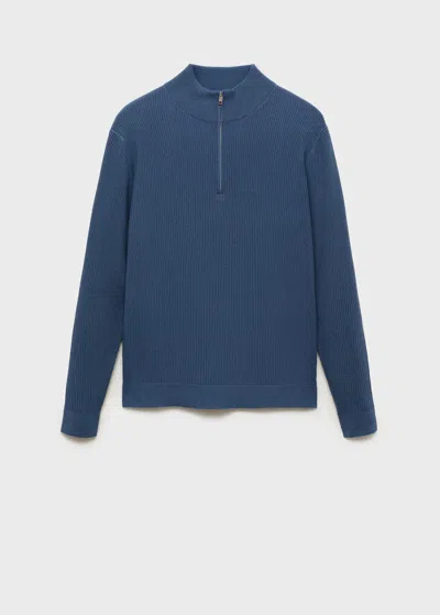 Mango Man Ribbed Sweater With Zip Neck Indigo Blue