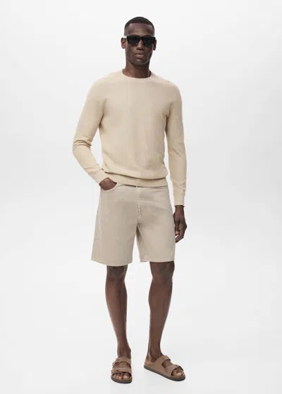 Mango Man Microstructured Cotton Knitted Sweater Beige