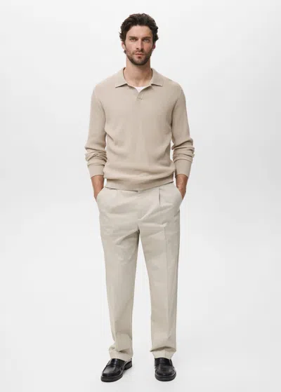 Mango Man Cotton-blend Ribbed Polo Sweater In Sand