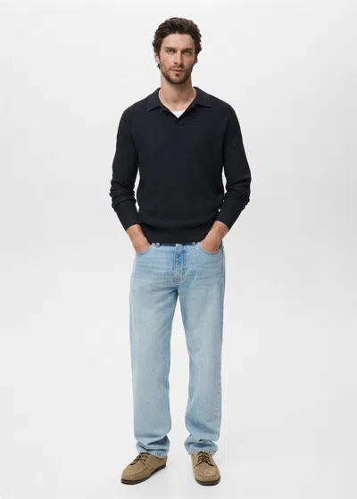 Mango Man Cotton-blend Ribbed Polo Sweater In Blue