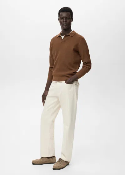 Mango Man Cotton-blend Ribbed Polo Sweater In Brown