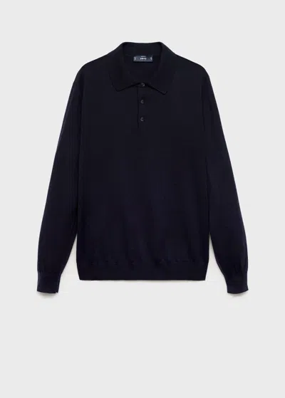 Mango Man 100% Wool Knitted Polo Sweater Navy In Blue