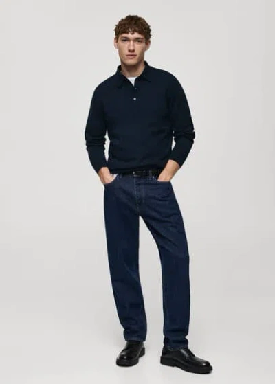 Mango Man 100% Merino Wool Polo Sweater In Bleu Marine Foncé