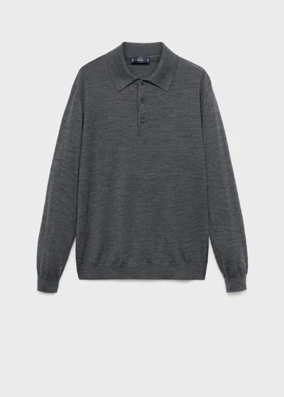Mango Man 100% Wool Knitted Polo Sweater Medium Heather Grey In Gray