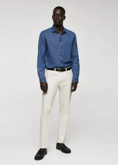 Mango Man Slim-fit Chambray Cotton Shirt Medium Blue