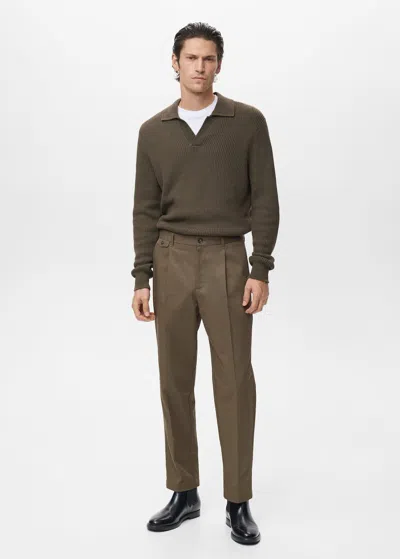 Mango Man Regular Fit Pleated Cotton Trousers Brown