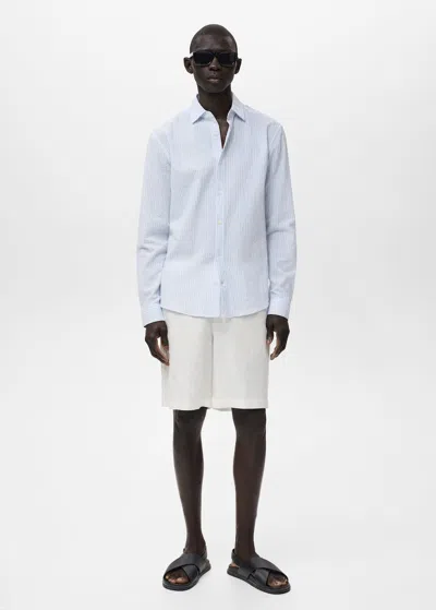 Mango Man Chemise Lin Technique Col Mao Bleu Ciel - Homme - Xl -