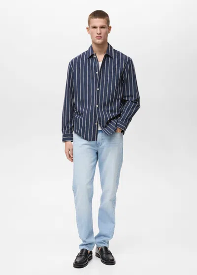 Mango Man Regular-fit Striped 100% Cotton Shirt In Dark Navy