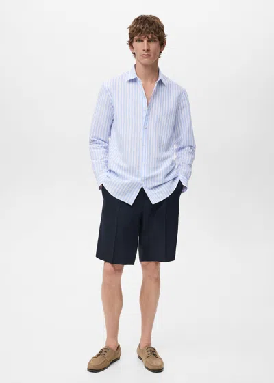 Mango Man Regular-fit Striped Cotton-linen Shirt Blue