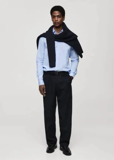 Mango Man Regular Fit Striped Cotton Shirt Blue