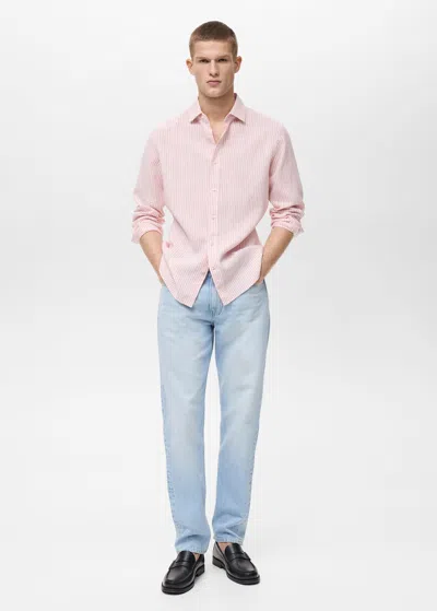 Mango Man Regular Fit Striped Linen Shirt Light Pink