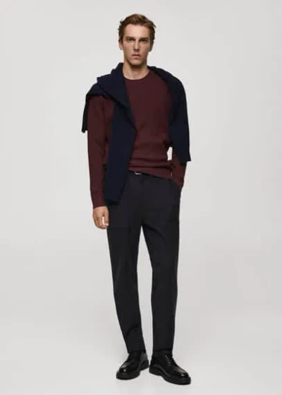Mango Man Ribbed Cotton Knitted Sweater Burgundy
