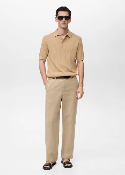 Mango Man Ribbed Knit Cotton Blend Polo Beige