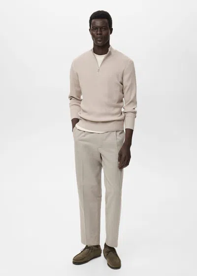 Mango Man Ribbed Sweater With Zip Neck Beige In Sand
