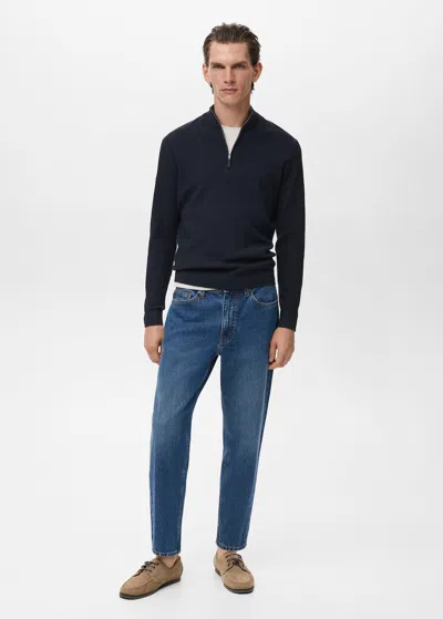 Mango Man Ribbed Sweater With Zip Neck Navy In Blue
