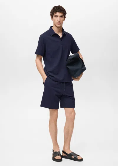 Mango Man Seersucker Shorts With Drawstring Dark Navy In Bleu Marine Foncé