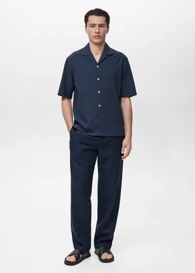 Mango Man Chemise Col Bowling Broderies Bleu Marine Foncé - Homme - M -