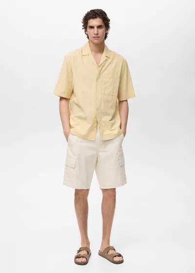 Mango Man Chemise Col Bowling Broderies Vanille - Homme - S -