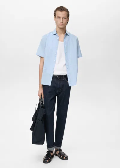 Mango Man Short Sleeve Linen-blend Shirt Blue