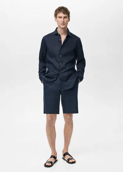 Mango Man Bermuda Slim-fit 100 % Lin Bleu Marine Foncé - Homme - 46 -  In Dark Navy