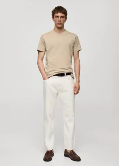 Mango Man Slim-fit Cotton V-neck T-shirt Beige In White