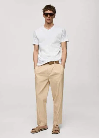 Mango Man Slim-fit Cotton V-neck T-shirt White In Brown