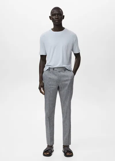 Mango Man Slim Fit Linen Trousers Navy In Blue